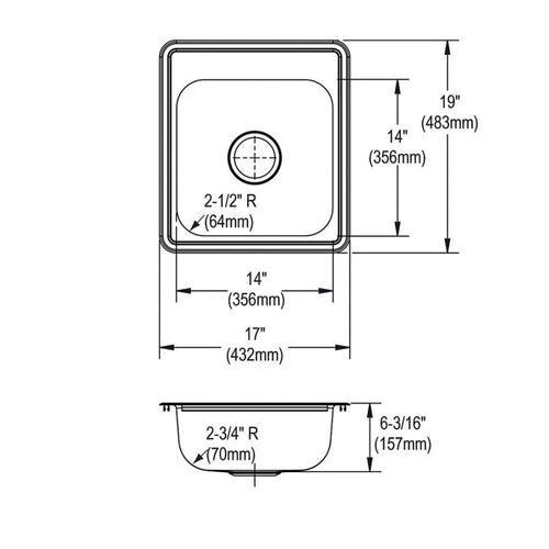 Dayton® Single Bowl Bar Sink, Top Mount, ADA, 19 17 x 19 in, 6 in Bowl Depth, 1-Hole, 22 ga Satin Steel, Stainless - c2pl70qcid3wcslr2z8s_x500.jpg