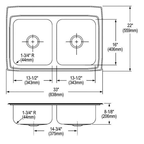 Lustertone™ Classic Double Bowl Kitchen Sink, Top Mount, 33 x 22 in, 7-3/4 in Bowl Depth, 4-Hole, 18 ga Lustrous Satin Steel, Stainless - c6wvsdqvy7snwfr71wsl_x500.jpg