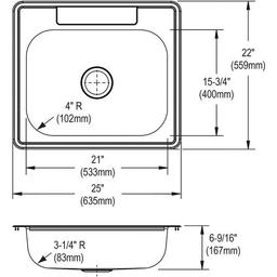 Dayton® Single Bowl Kitchen Sink, Top Mount, ADA, 25 x 22 in, 6-3/8 in Bowl Depth, 4-Hole, 22 ga Satin Steel, Stainless - e4ggn9xhqgogntkefpnw_x500.jpg