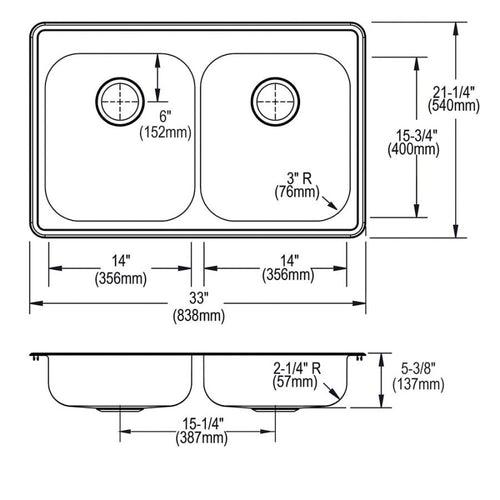 Dayton® Double Bowl Kitchen Sink, Top Mount, ADA, 33 x 21-1/4 in, 5-1/4 in Bowl Depth, 3-Hole, 22 ga Brushed Satin Steel, Stainless - emfj9wv1rqihuuqqoquj_x500.jpg