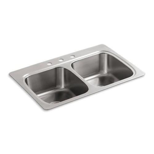 Verse™ Double Bowl Kitchen Sink, Top Mount, 33 x 22 in, 9-5/16 in Bowl Depth, 3-Hole, 18 ga Satin Steel, Stainless - f9zdplerst9aceeqdmel_x500.jpg