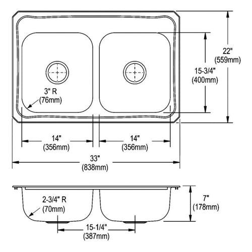 Celebrity Double Bowl Kitchen Sink, Top Mount, 33 x 22 in, 6-3/4 in Bowl Depth, 4-Hole, 20 ga Brushed Satin Steel, Stainless - gez21ursomobm3xmz7at_x500.jpg