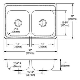 Celebrity Double Bowl Kitchen Sink, Top Mount, 33 x 22 in, 6-3/4 in Bowl Depth, 4-Hole, 20 ga Brushed Satin Steel, Stainless - gez21ursomobm3xmz7at_x500.jpg