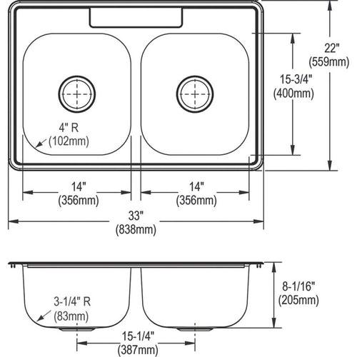 Dayton® Double Bowl Kitchen Sink, Top Mount, 33 x 22 in, 7-7/8 in Bowl Depth, 4-Hole, 20 ga Elite Satin Steel, Stainless - jg8s6yfsjzlhxqun4vqr_x500.jpg