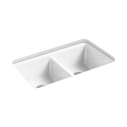 Riverby® Double Bowl Kitchen Sink, Under Mount, 33 x 22 in, 9 in Bowl Depth, 5-Hole, Cast Iron, White - jvbsl1si70xnnrswwjen_800x500@2x.jpg