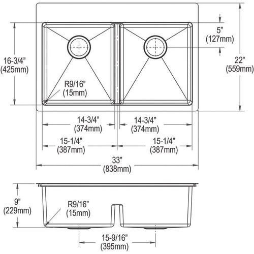 Crosstown® Double Bowl Kitchen Sink, Top/Under Mount, 33 x 22 in, 9 in Bowl Depth, 5-Hole, 18 ga Polished Satin Steel, Stainless - kwpewvxearzuennp0wcw_x500.jpg