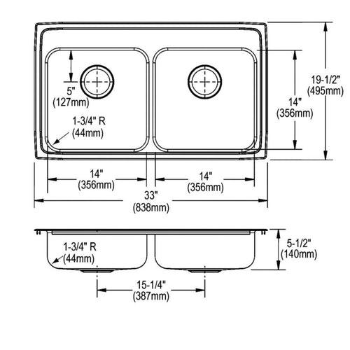 Lustertone™ Classic Double Bowl Kitchen Sink, Top Mount, ADA, 33 x 19-1/2 in, 5-3/8 in Bowl Depth, 3-Hole, 18 ga Lustrous Satin Steel, Stainless - mfwdf9bln1r2dvqmdjiy_x500.jpg