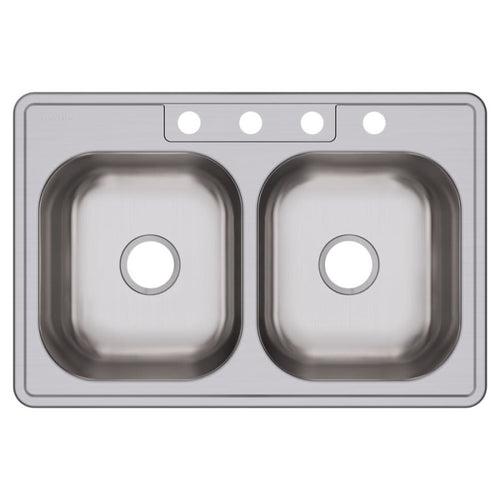 Dayton® Double Bowl Kitchen Sink, Top Mount, 33 x 22 in, 7-7/8 in Bowl Depth, 4-Hole, 20 ga Elite Satin Steel, Stainless - uhs51ca1tkablb8zskru_x500.jpg