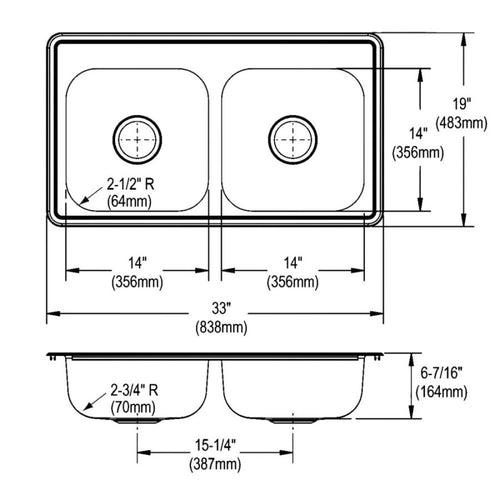 Dayton® Double Bowl Kitchen Sink, Top Mount, ADA, 33 x 19 in, 6-5/16 in Bowl Depth, 3-Hole, 22 ga Satin Steel, Stainless - vhetjldklnbsu1aaqsay_x500.jpg