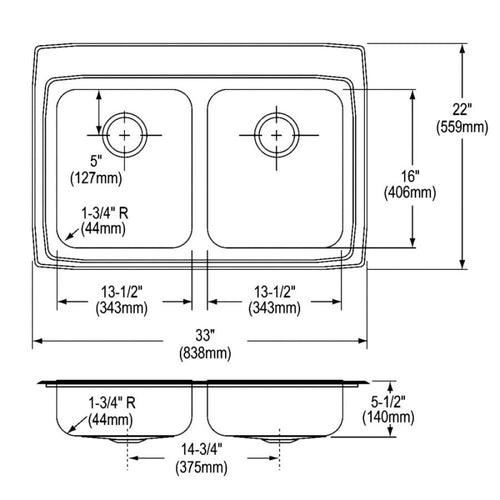 Lustertone™ Classic Double Bowl Kitchen Sink, Top Mount, ADA, 33 x 22 in, 5-1/8 in Bowl Depth, 4-Hole, 18 ga Lustrous Satin Steel, Stainless - xqmfihdtigblcdiypn7w_x500.jpg
