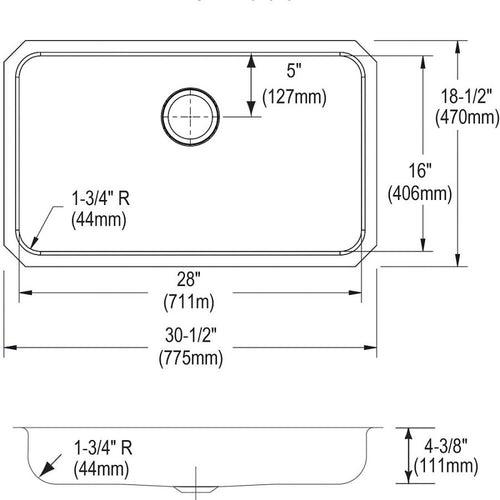 Lustertone™ Classic Single Bowl Kitchen Sink, Under Mount, ADA, 30-1/2 x 18-1/2 in, 4-3/8 in Bowl Depth, 18 ga Lustrous Satin Steel, Stainless - xsmunekywypoaiuweehc_x500.jpg